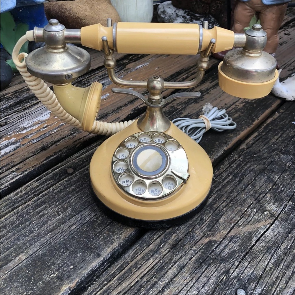 Cream Gold Cradle Telephone Corded Phone Tele Mania Rotary Dial Vintage 70s 80s